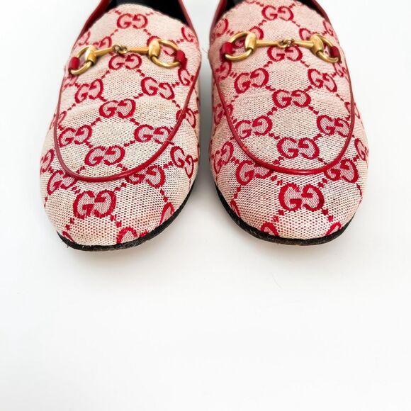 Gucci Jordaan Horsebit Loafer Red GG Canvas Flat Supreme Buckle 37, 7 - Picture 4 of 13